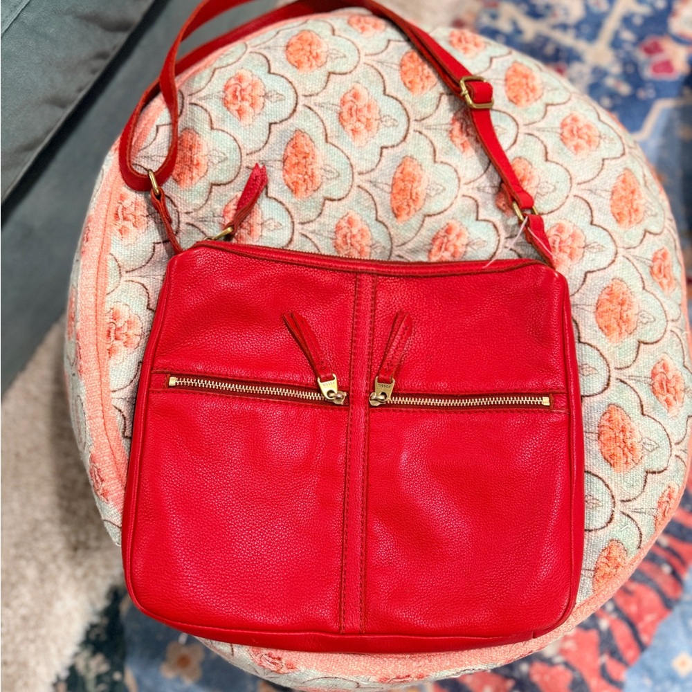Vintage Fossil Red Leather Crossbody Bag – Genuine Leather